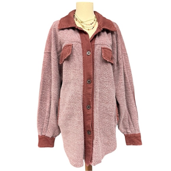 Free People Ruby Jacket Pink Burgundy Fleece Shacket Sz Small Oversized Boho - Picture 6 of 14